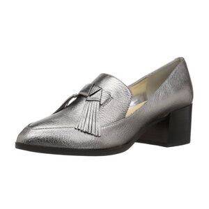 Marc Fisher Pewter Leather Phylicia Tassel Loafer Block Heel Shoes size 9